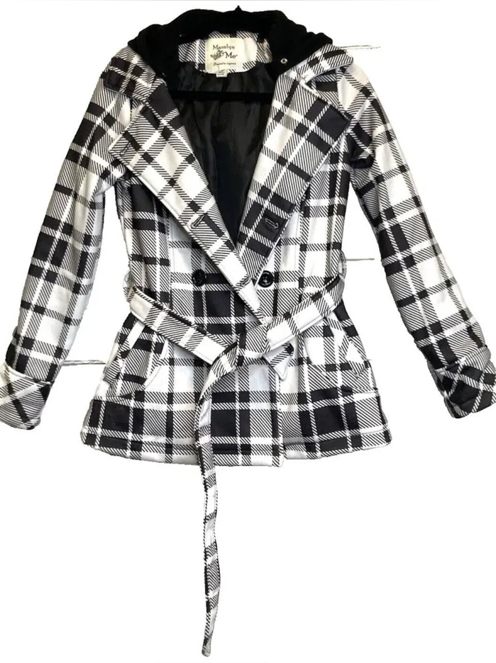 Maralyn & Me Black and White Plaid Peacoat with Belt (XL)